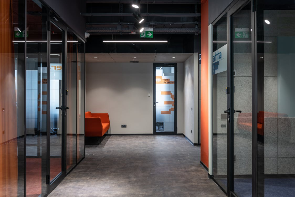 A room with glass doors