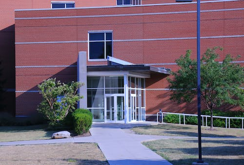 Red building with beautiful fiberglass door entrance