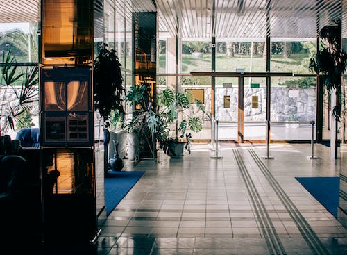 a lobby secured with fiberglass door 
