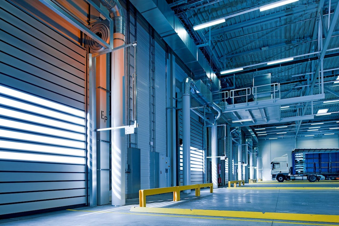 A warehouse with rolling service doors